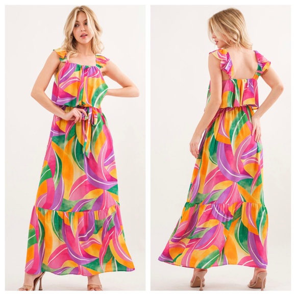 05 Boho Multi Color Ruffle Sleeve Tiered Maxi Dress - Picture 2 of 5